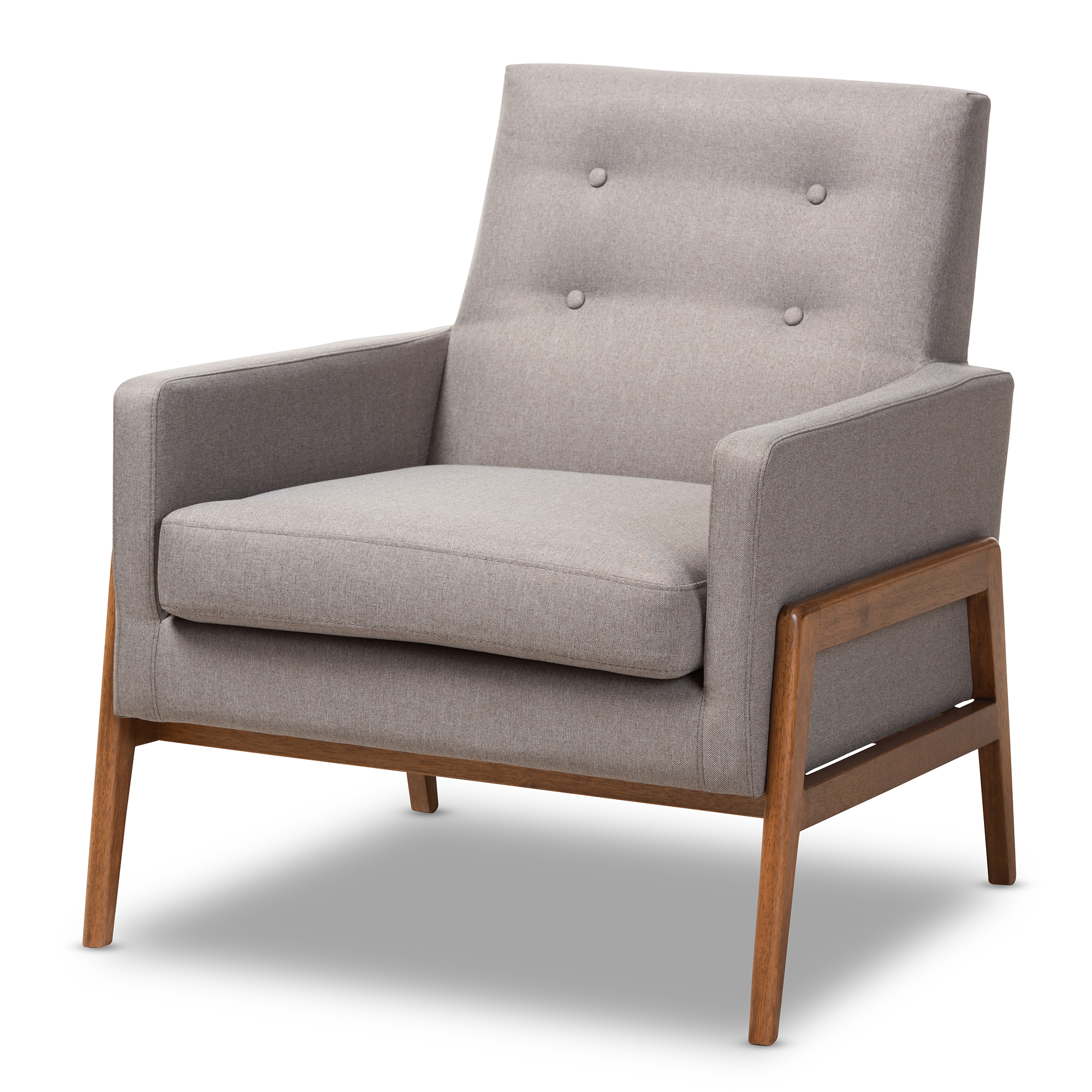 Baxton Studio Perris Mid-Century Modern Grey Fabric Upholstered Walnut Wood Lounge Chair